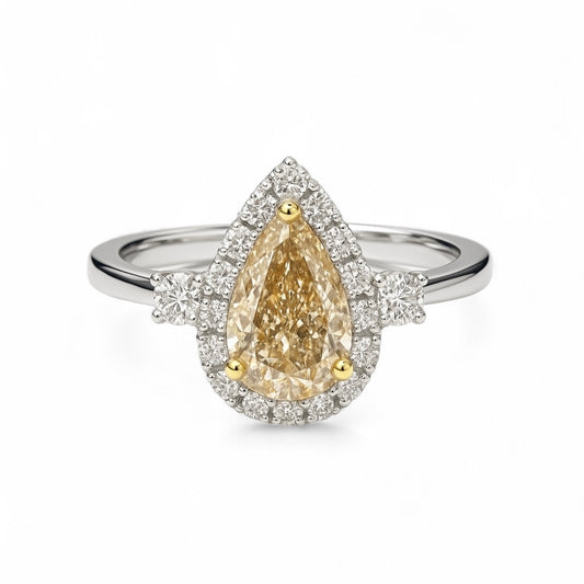 Natuurlijke fantasie bruingele peervormige diamanten ring 