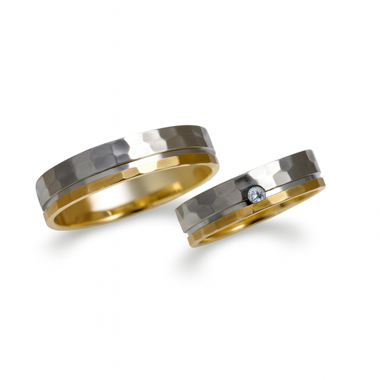 18kt White & Yellow gold wedding rings - Matte & Glossy Finish with one diamond