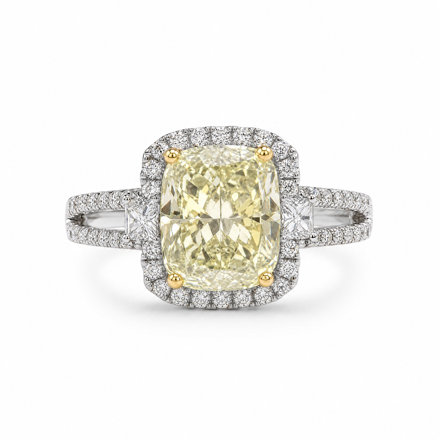 Natuurlijke lichte, chique gele, lange kussengeslepen diamanten ring 