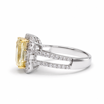 Natuurlijke lichte, chique gele, lange kussengeslepen diamanten ring 