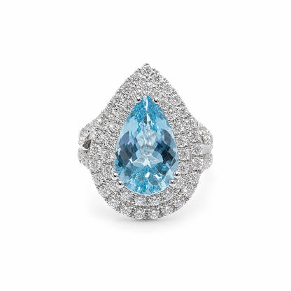 BAGUE TOPAZE BLEU CLAIR DOUBLE HALO 