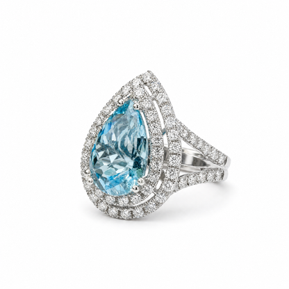 BAGUE TOPAZE BLEU CLAIR DOUBLE HALO 