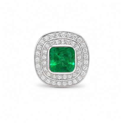 Bague à double halo en émeraude et diamants 