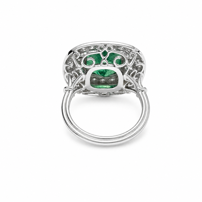 Bague à double halo en émeraude et diamants 
