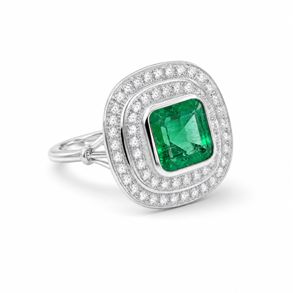 Bague à double halo en émeraude et diamants 